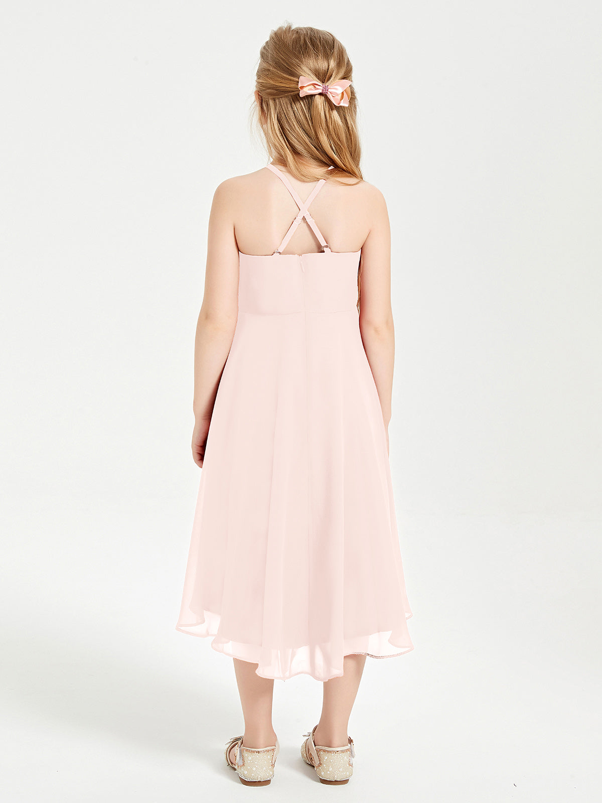 Tea Length Junior Bridesmaid Dresses with Asymmetrical Skirts Pearl Pink